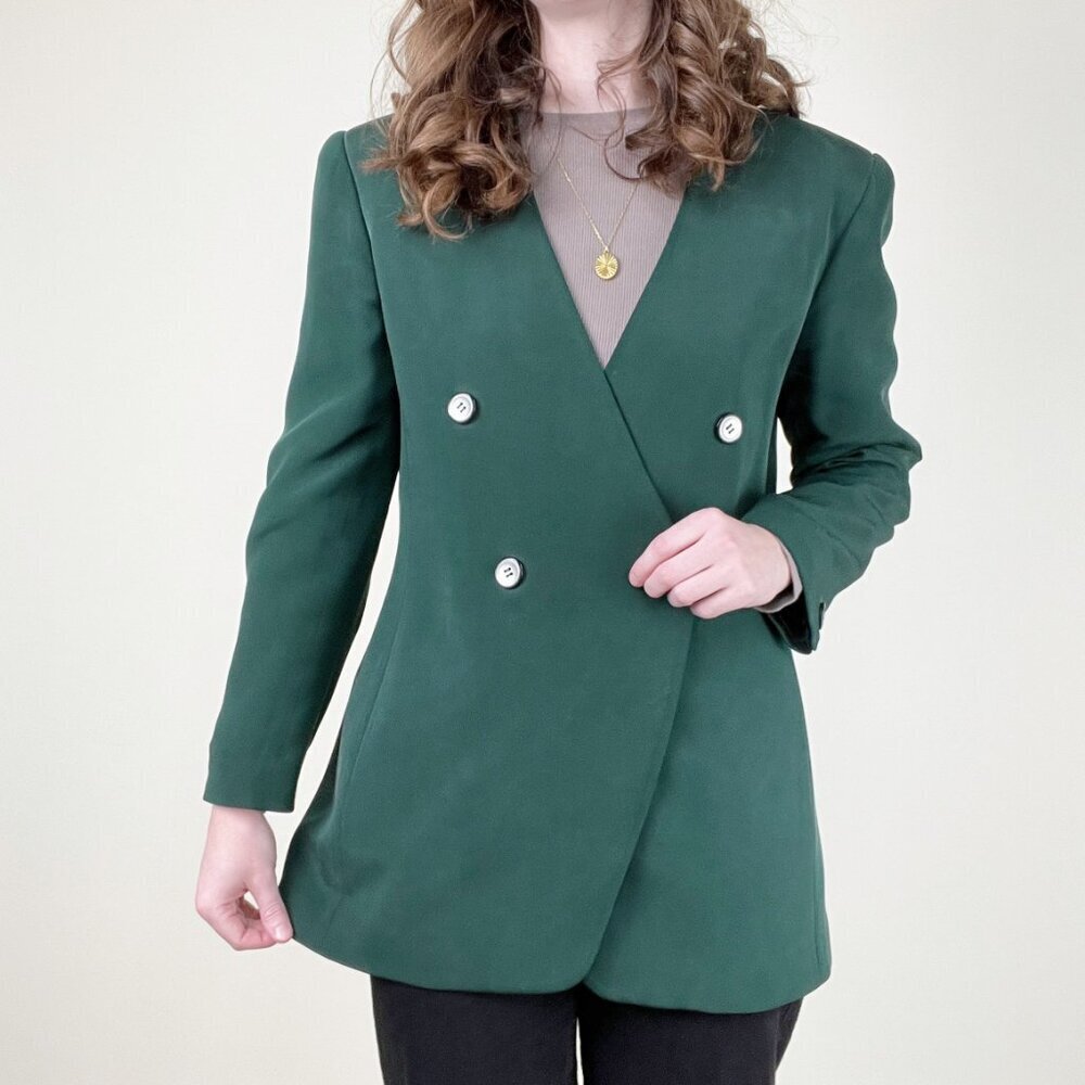 Women’s 100% Silk Double-Breasted Forest Green Blazer Jacket